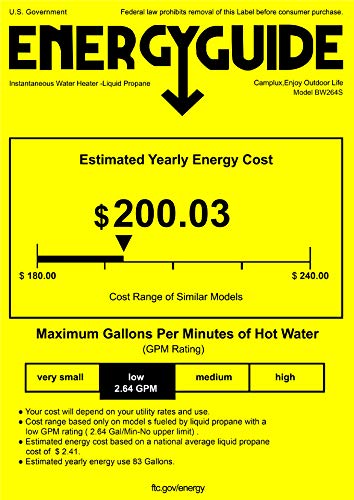 CAMPLUX 2.64 GPM Propane Portable Gas Water Heater, 68,000 BTU, White Y83276
