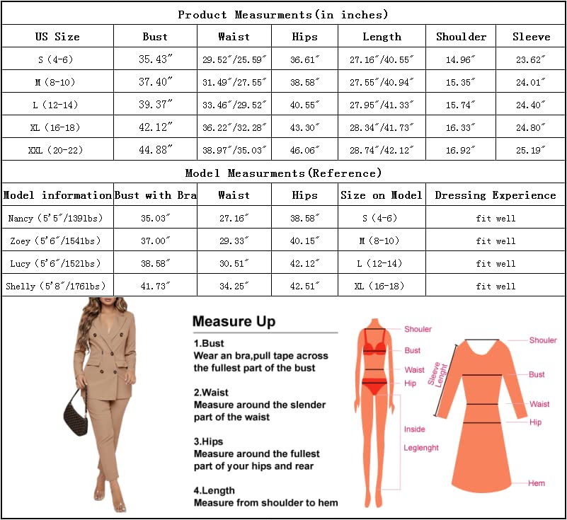 Women Double Breasted Blazer Set 2 Piece Pants Outfits Long Sleeve Business Suit L4740