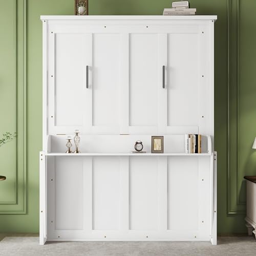Queen Size Murphy Bed with Desk & Charging Station, White K505073