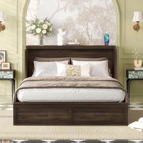 Murphy Cabinet Bed Frame with Charging Station, Full-Size Foldable Wall Bed Z526