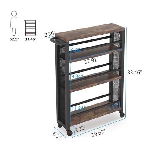 4-Tier Rolling Storage Cart with Handle, Slim Kitchen Cart, Black K5004