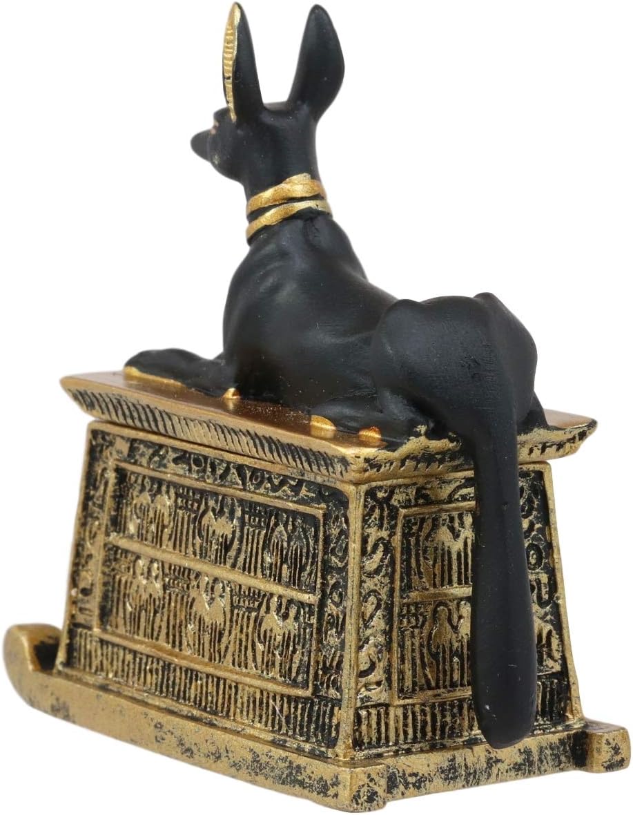 Ebros Egyptian Anubis Hieroglyphic Cartouche Box Figurine Black and Gold Finish F567