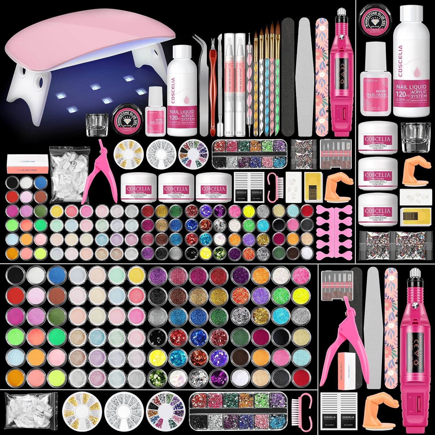 Acrylic nail kit with Drill and U V Light Nail Kit Acrylic Set Professional Acrylic with Everything for Beginners 45pcs Acrylic Powder 48pcs Glitter Decoration Powder Acrylic Nail Starter Kit BFUS0001