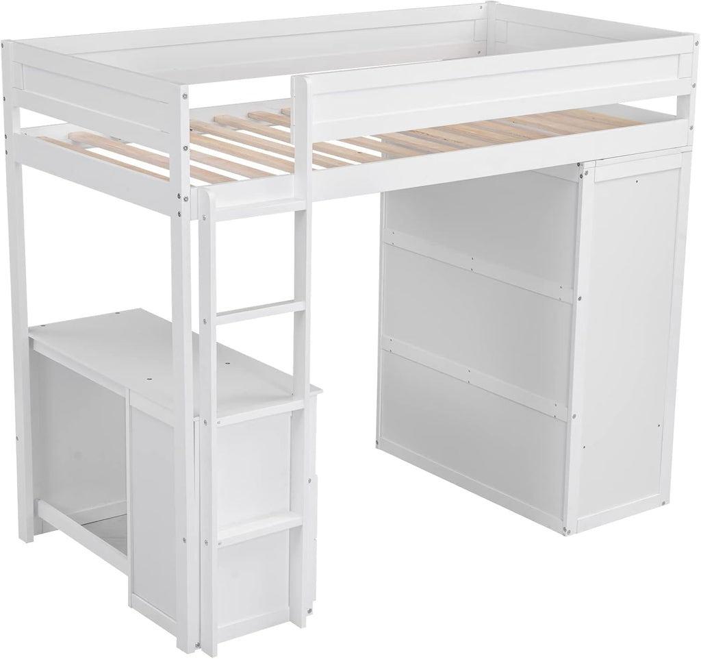 Modern Twin Loft Bed with Desk and Wardrobe, White L334490
