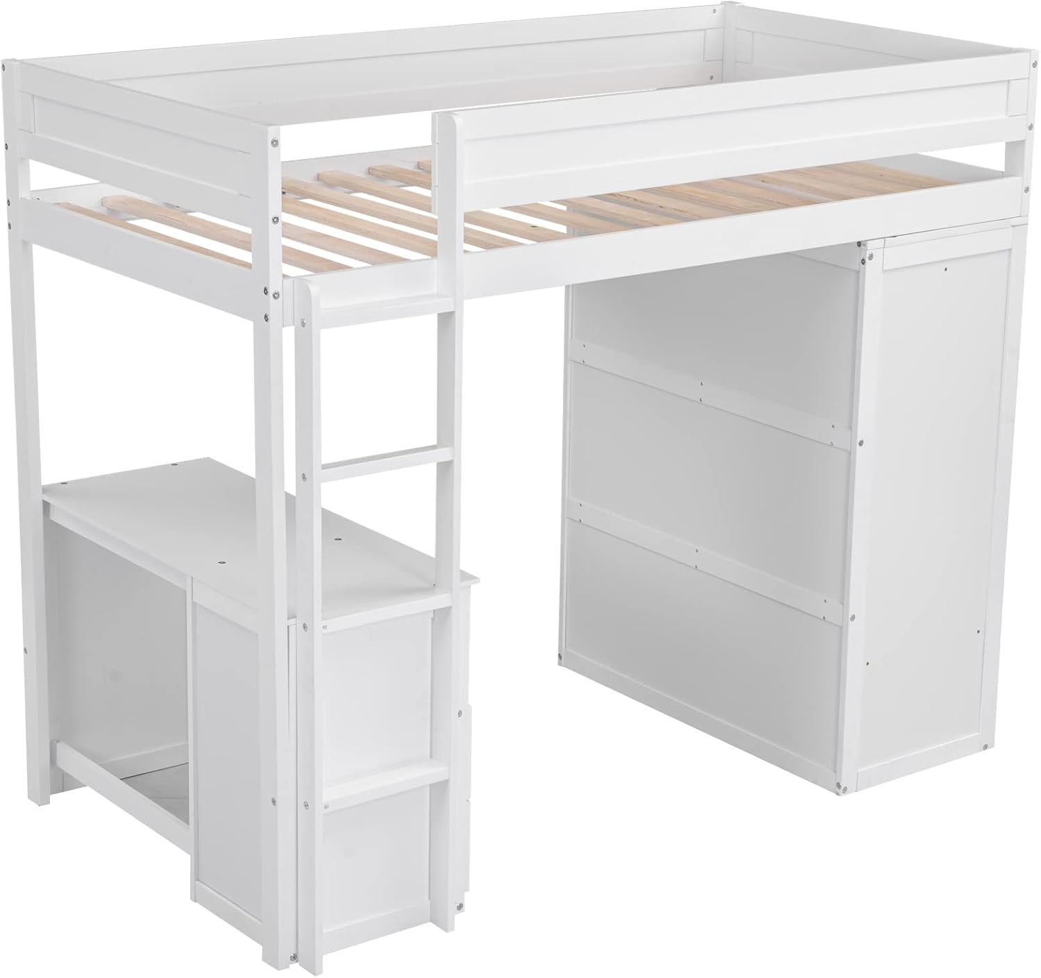Modern Twin Loft Bed with Desk and Wardrobe, White L334490