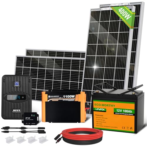 ECO-WORTHY 1.6KWH Complete Solar Panel Kit 400W 12V for RV Off Grid: 400W Solar Panels + 40A MPPT Charge Controller +12V 100Ah Lithium Battery + 1100W Solar Power Inverter + Bluetooth Module