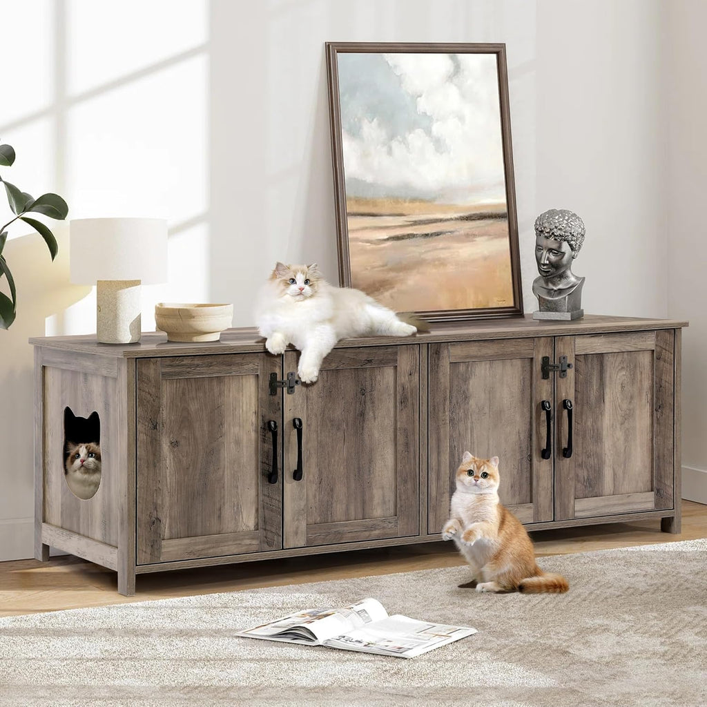 TITIMO Cat Litter Box Enclosure for 2 Cats - Litter Box Furniture Hidden with Lockable Door,Wooden Cat Washroom Furniture with Double Room,Cat House,Hideaway Litter Box,Greige