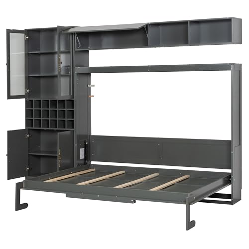 MERITLINE Queen Murphy Bed with Couch and Storage Shelves, LED Light, White J578