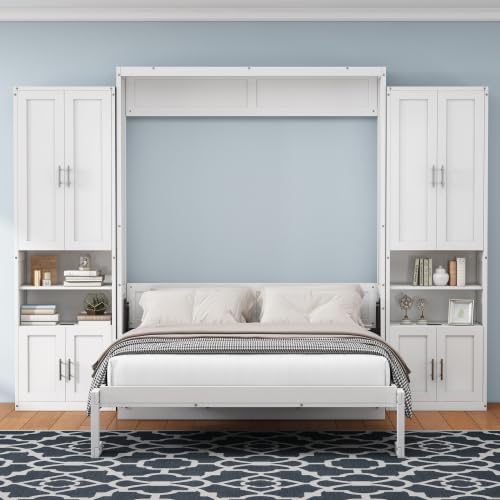 Queen Size Murphy Bed with Desk & Charging Station, White K505073