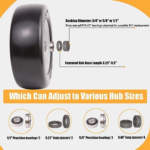 11x4.00-5 Flat Free Solid Lawn Mower Tires with Wheels and Bearings, 2 Pack N22379