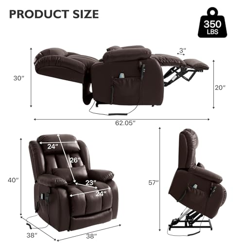 EDILLY Genuine Leather Power Lift Recliner Chair with Massage and Heating, Brown C901