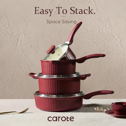 CAROTE 12pcs Pots and Pans Set Non Stick Granite Cookware, Dark Red A382831