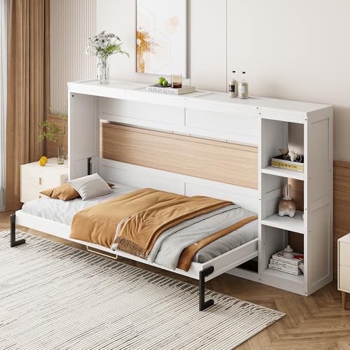 Murphy Cabinet Bed Frame with Charging Station, Full-Size Foldable Wall Bed Z526