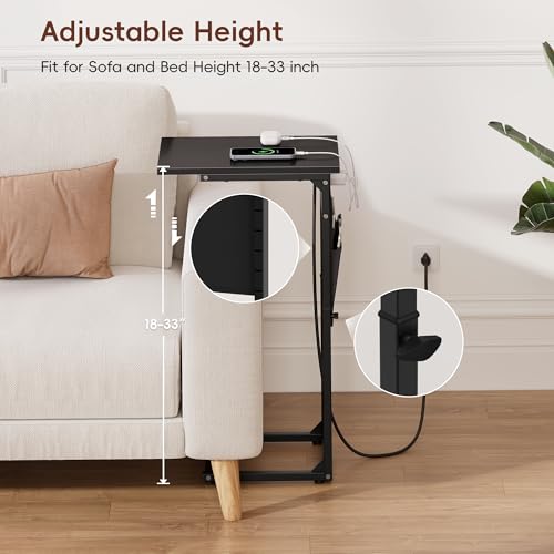 Vagusicc C Shaped End Table with Charging Station, Adjustable Height, Brown C747005