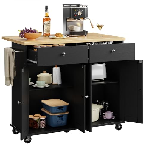 Shintenchi Kitchen Island with Drop Leaf, Rolling Cart with Storage, White T972