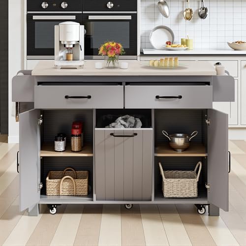 Kitchen Island Cart with Trash Can Storage and Drop Leaf B558974
