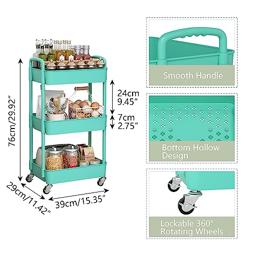 Sywhitta 3-Tier Plastic Rolling Utility Cart with Handle, Black F220270