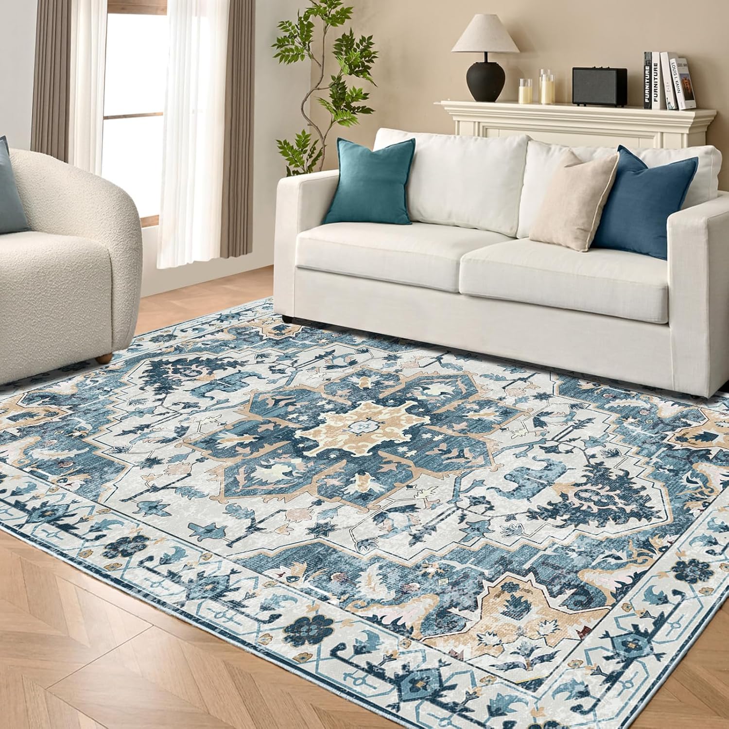 8x10 Large Area Rugs for Living Room,Non Slip Vintage Boho Rug,Machine Washable Mat,Low Pile Rug,Floor Carpet Distressed Printed Area Rug for Bedroom Dinning Room Office Farmhouse（Blue 8'x10'）