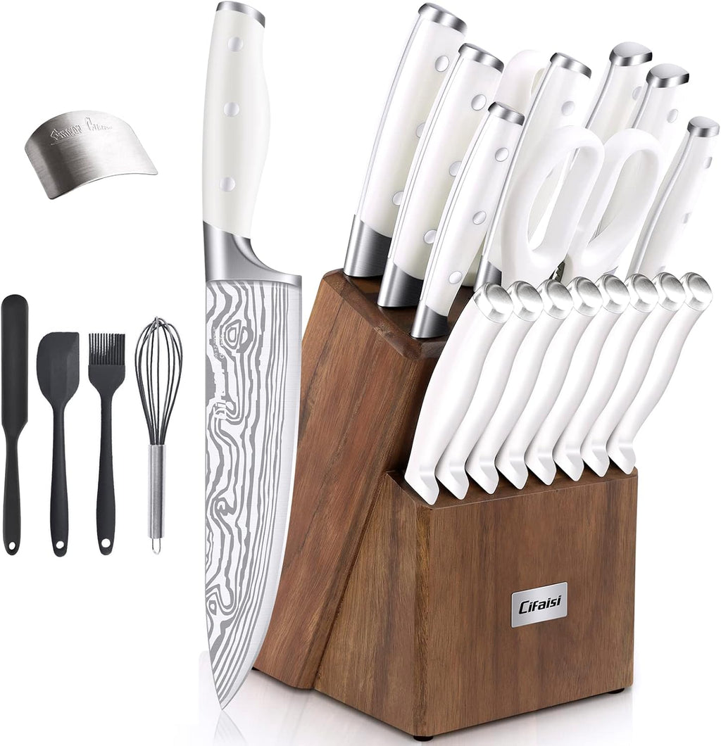 Knife Set, 23 PCS Kitchen Knife Set with Block, Germany High Carbon Stainless Steel Chef Knife Block Set, Knives Set for Kitchen with Sharpener & Finger Guard, Ultra Sharp, White