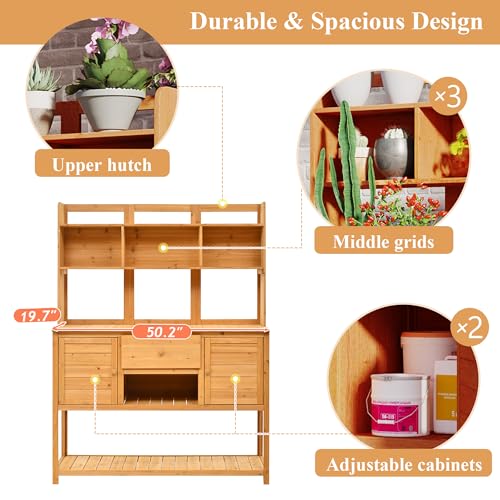 Outdoor Wooden Potting Bench Table with Drawers and Storage Shelves C672480
