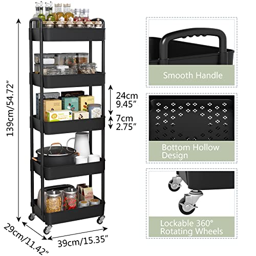 Sywhitta 3-Tier Plastic Rolling Utility Cart with Handle, Black F220270