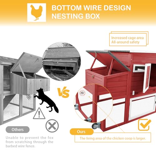 78" Wooden Chicken Coop with Nesting Wheels, Outdoor Hen House, White/Red C20684