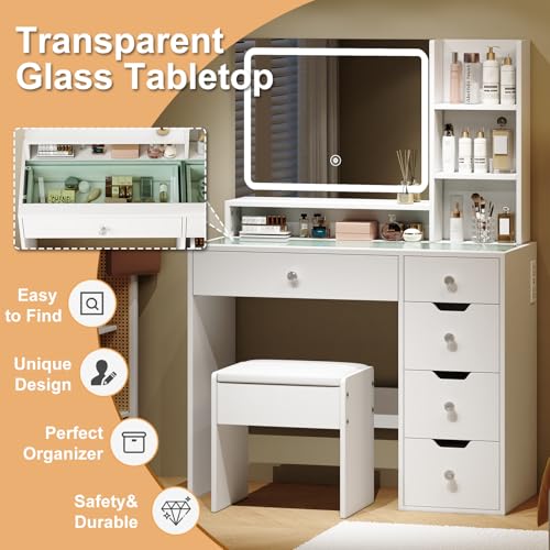 White Vanity Desk with Mirror and LED Lights, 5 Drawers, Stool V4838