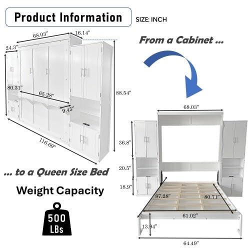 Queen Size Murphy Bed with Desk & Charging Station, White K505073