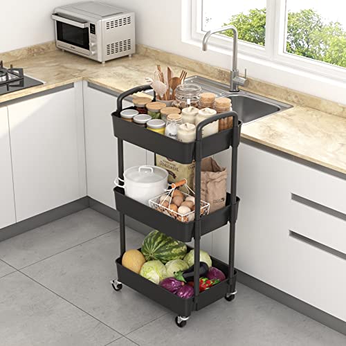Sywhitta 3-Tier Plastic Rolling Utility Cart with Handle, Black F220270