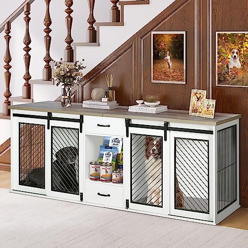 Extra Large Dog Crate Furniture 85" Sliding Door Double Kennel for 2 Large Dogs, White N35378