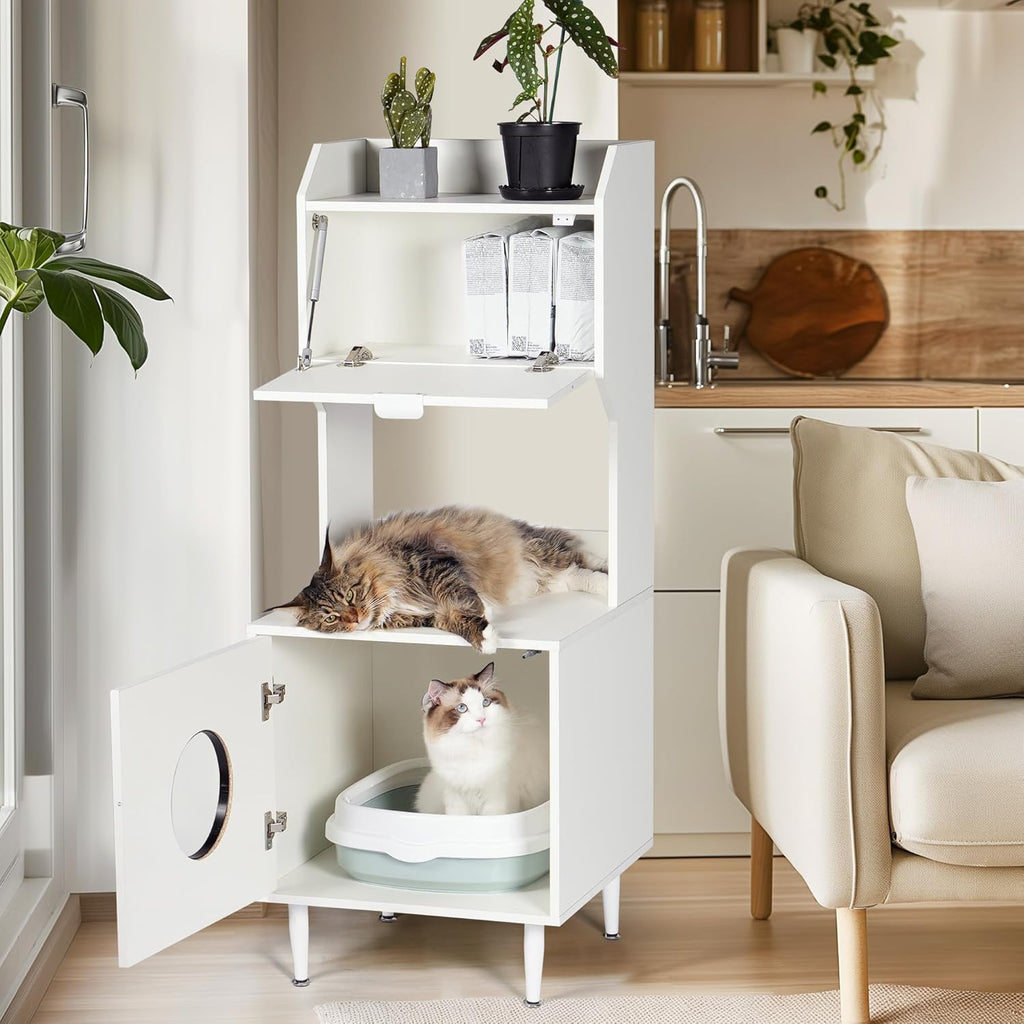White Wooden Cat Litter Box Enclosure with Storage Shelves J4228