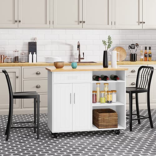 Shintenchi Kitchen Island with Drop Leaf, Rolling Cart with Storage, White T972