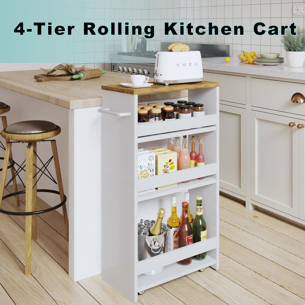 MARTY Slim Rolling Storage Cart 4-Tier Wood White Kitchen Cart with Wheels Q31344