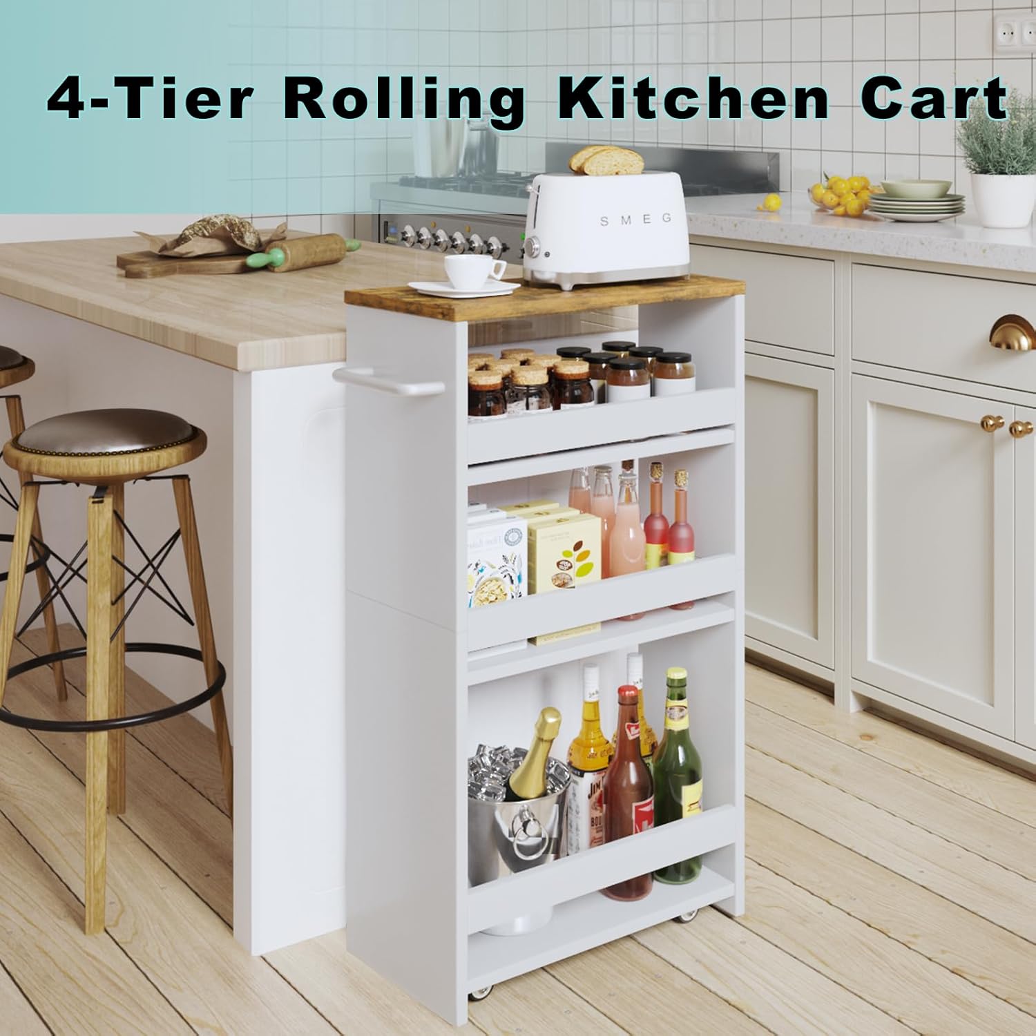 MARTY Slim Rolling Storage Cart 4-Tier Wood White Kitchen Cart with Wheels Q31344