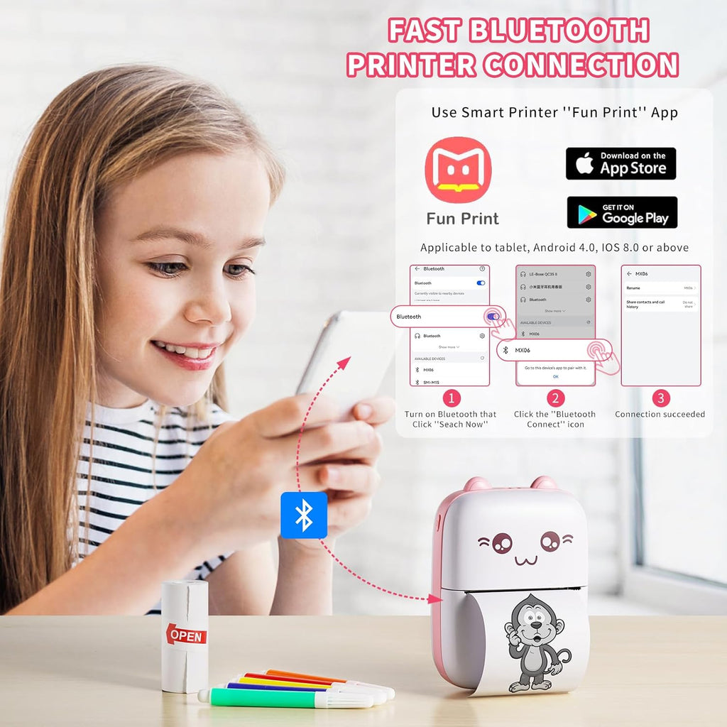 Mini Portable Printer with 7 Rolls Paper, Bluetooth Wireless for Smartphone P54171