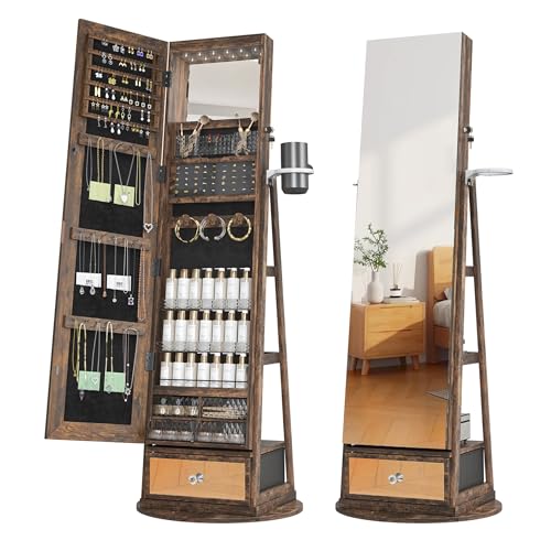 4 Wheels Jewelry Armoire with LED Light, Movable Jewelry Cabinet Standing with Full-Length Mirror, Lockable Jewelry Organizer with Mirror Storage Drawer, White