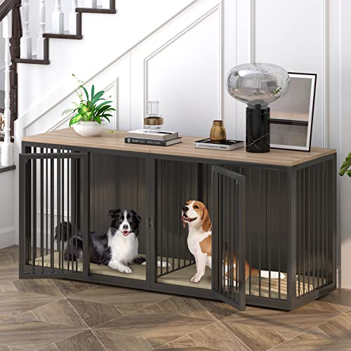 Large Dog Crate Furniture for 2 Dogs, 71.6'' All Steel Frame Dog Crate with Double Doors, Heavy Sturdy Dog Kennel for Small Medium Large Dog, Indoor Double Dog Cage with Wooden Top (White)