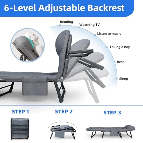 Folding Chaise Lounge Chair with Mattress, 6-Angle Adjustable, Gray M664250