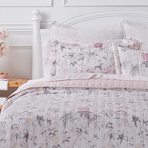 Laura Ashley King Quilt Set, Reversible Cotton Bedding with Shams, Floral Pink/Grey C4868