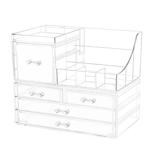 Clear Makeup Organizer With Drawers,Stackable Cosmetic Storage Display Case for Vanity,Bathroom Counter or Dresser,Countertop Holder for Lipstick,Brushes,Lotions,Eyeshadow,Nail Polish and Jewelry