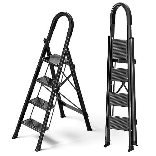 4 Step Ladder with Handgrip, Folding Step Stool Lightweight Aluminum Stepladders with Anti-Slip Sturdy Wide Pedal, 330lbs Capacity Portable Step Stool, for Home,Office,Kitchen (Black)