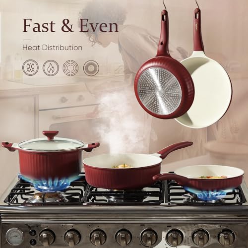 CAROTE 12pcs Pots and Pans Set Non Stick Granite Cookware, Dark Red A382831
