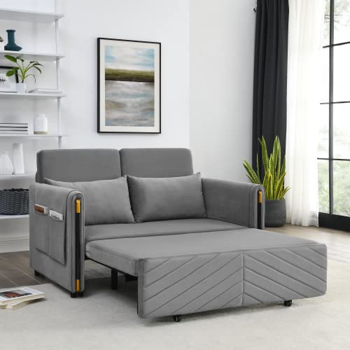 54" Modern Velvet Convertible Sofa Bed with 2 Pillows, Gray O946039