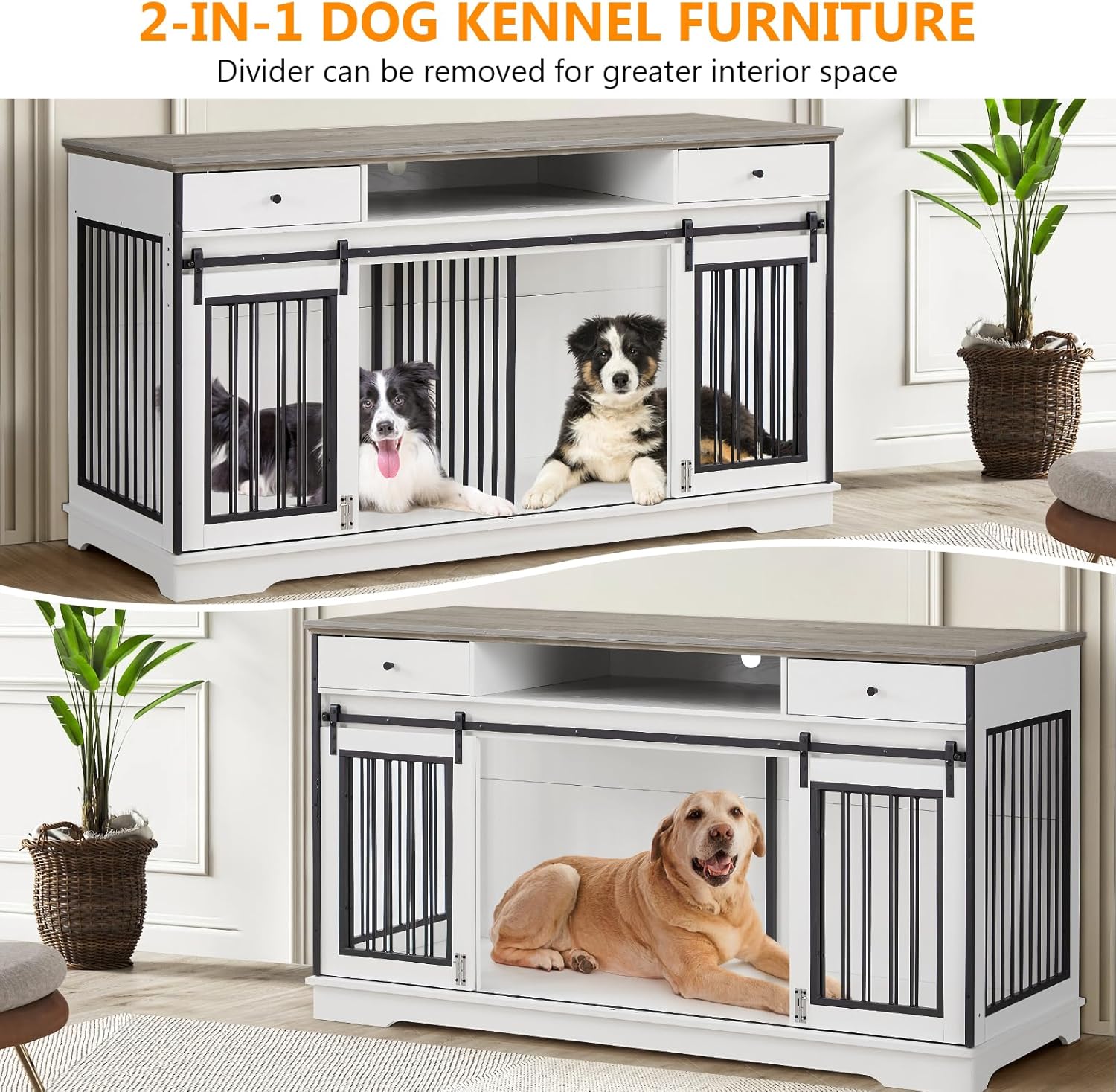 3-in-1 66.1 Inch Double Dog Crate Furniture for Large Dogs, White F911