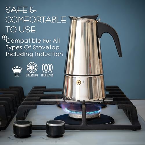 Mixpresso 6 Cup Greca Stovetop Espresso Maker, Stainless Steel Moka Pot, Black K256