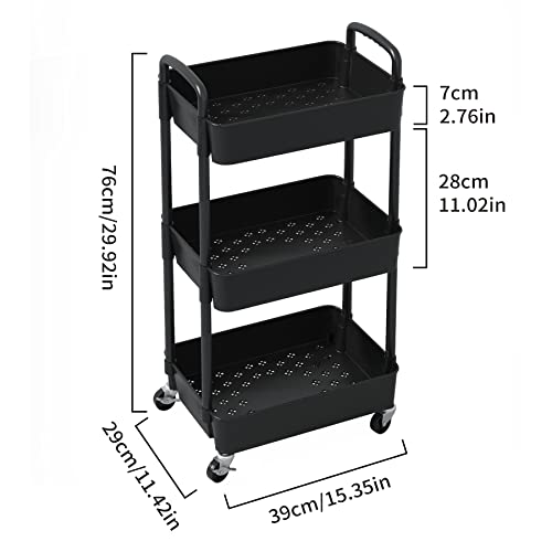 Sywhitta 3-Tier Plastic Rolling Utility Cart with Handle, Black F220270