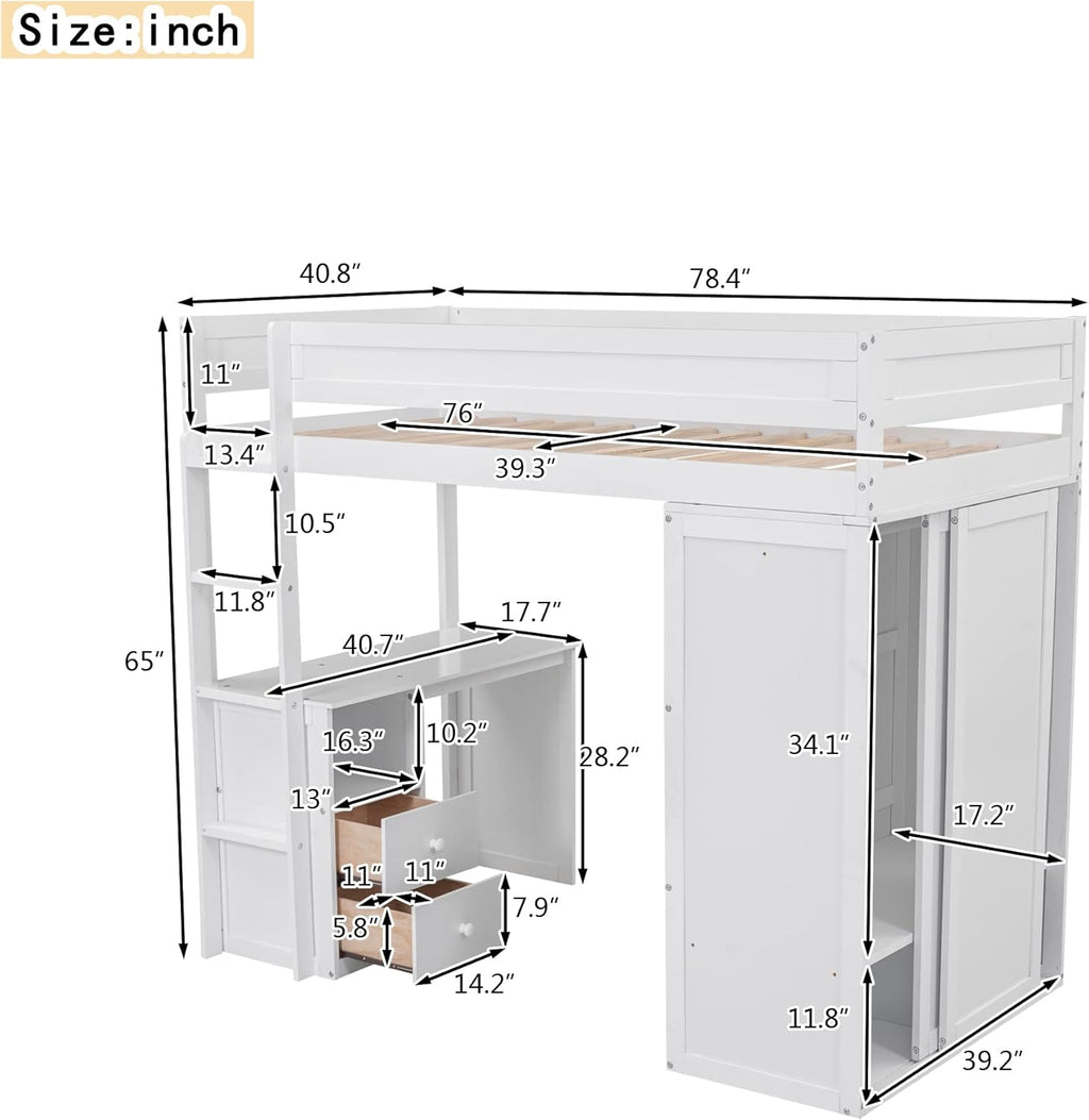 Modern Twin Loft Bed with Desk and Wardrobe, White L334490