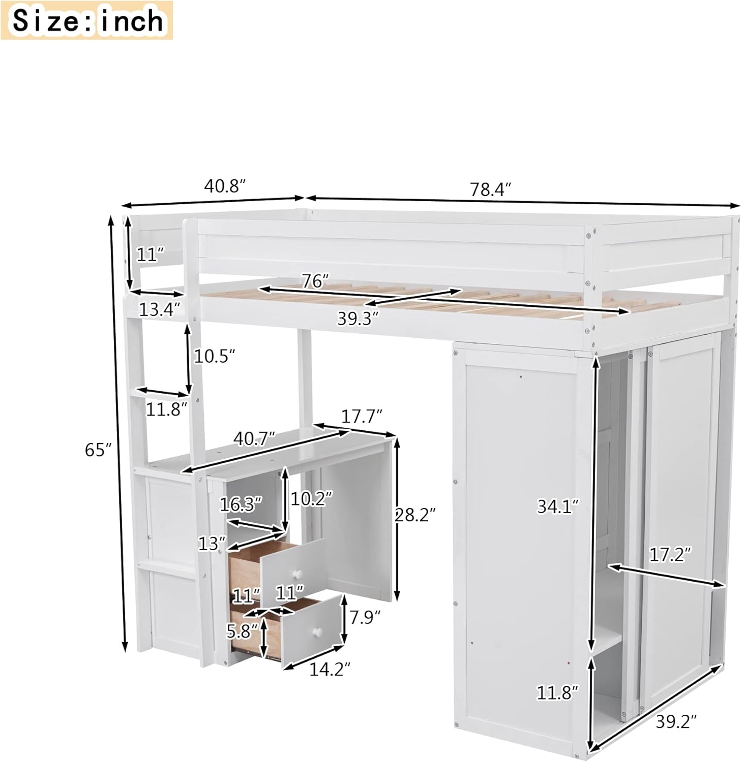 Modern Twin Loft Bed with Desk and Wardrobe, White L334490