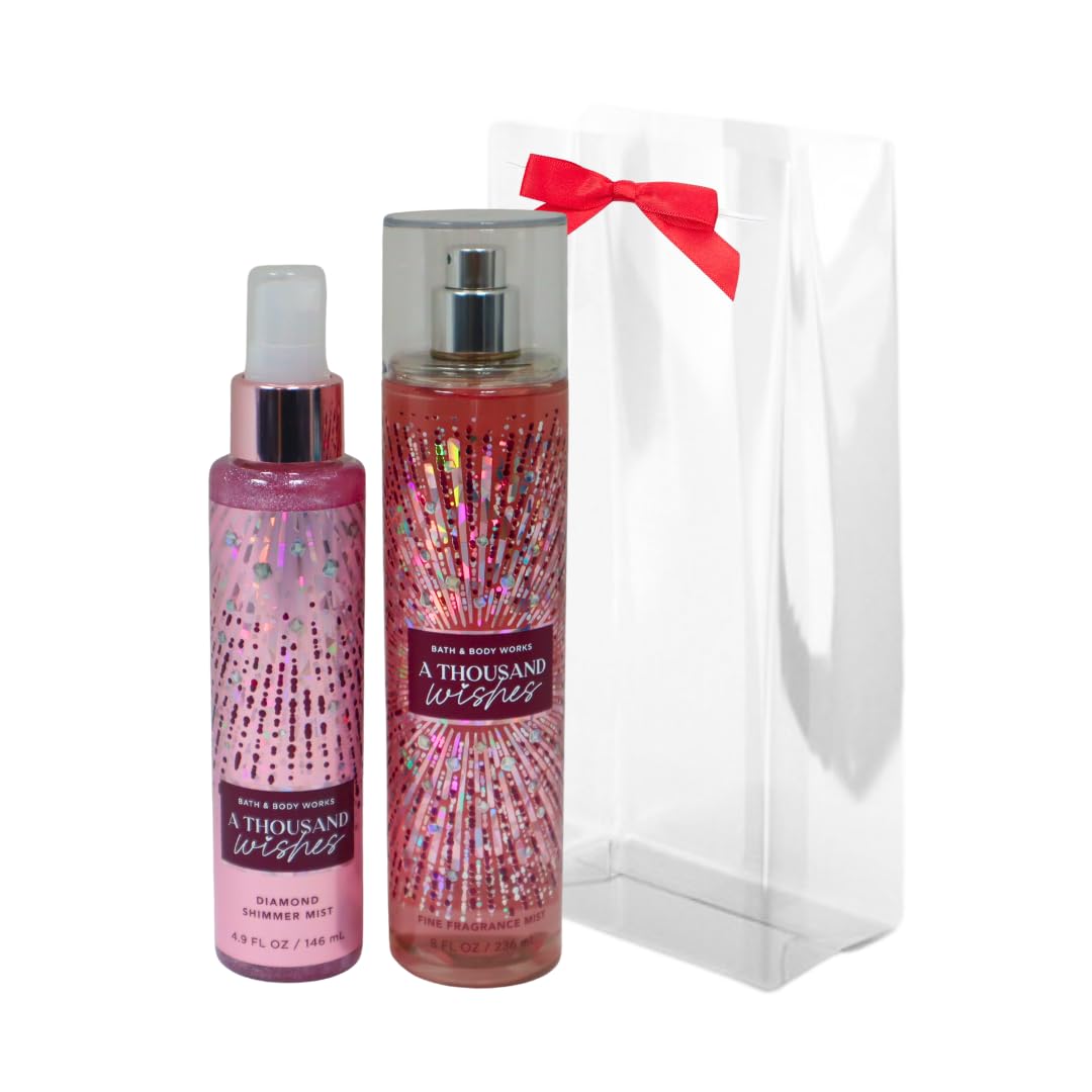 Bath & Body Works A Thousand Wishes Fine Fragrance Body Mist 8 oz & A Thousand Wishes Fine Fragrance Shimmer Body Mist 4.9 oz Gift Set packaging with a Red bow
