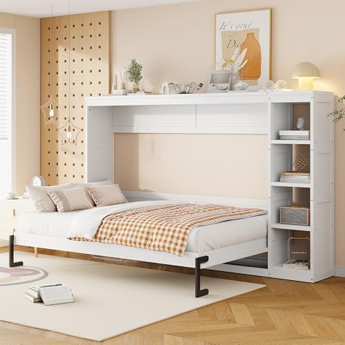 Murphy Cabinet Bed Frame with Charging Station, Full-Size Foldable Wall Bed Z526
